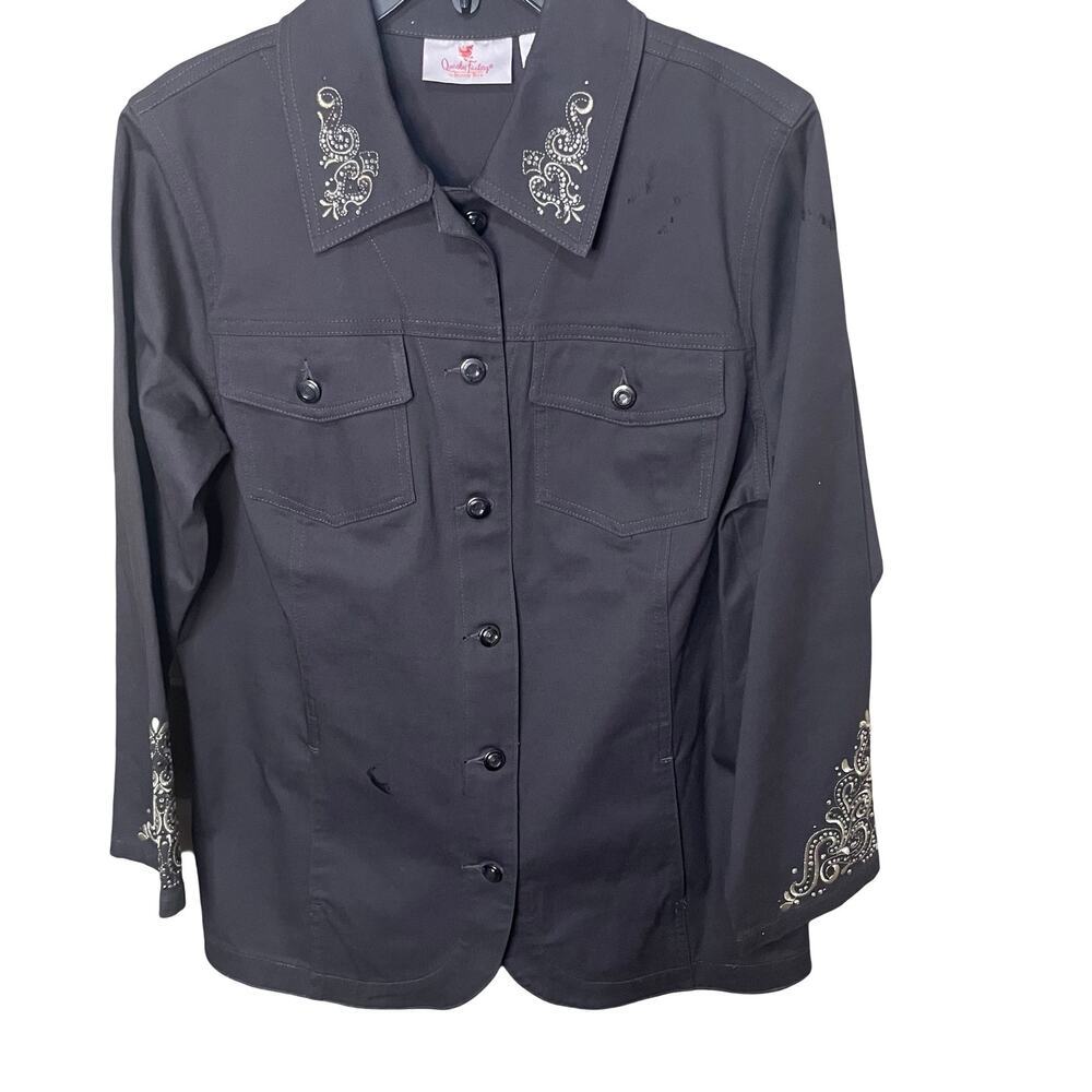 Quacker Factory Scroll Embellished Woven Jacket Charcoal Grey Size XS Western